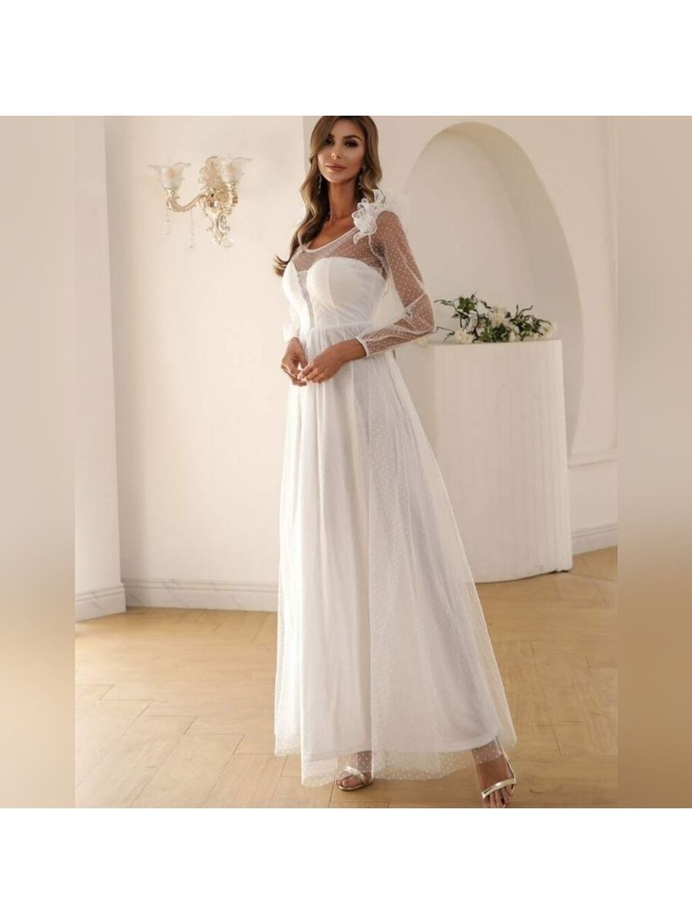 Missord White Dobby Mesh Ruffle Trim Sheer Maxi Dress Large - Picture 2 of 16